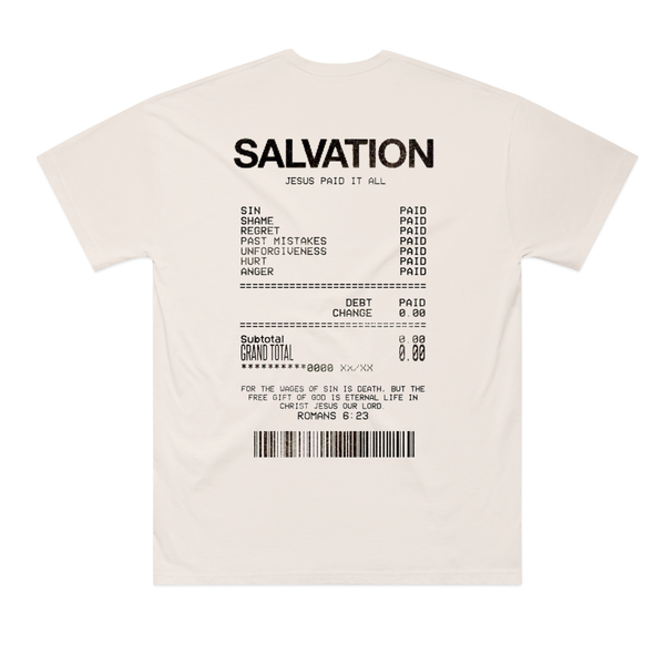 Salvation receipt tee featuring a bold 'SALVATION' headline and a detailed receipt design on the back.