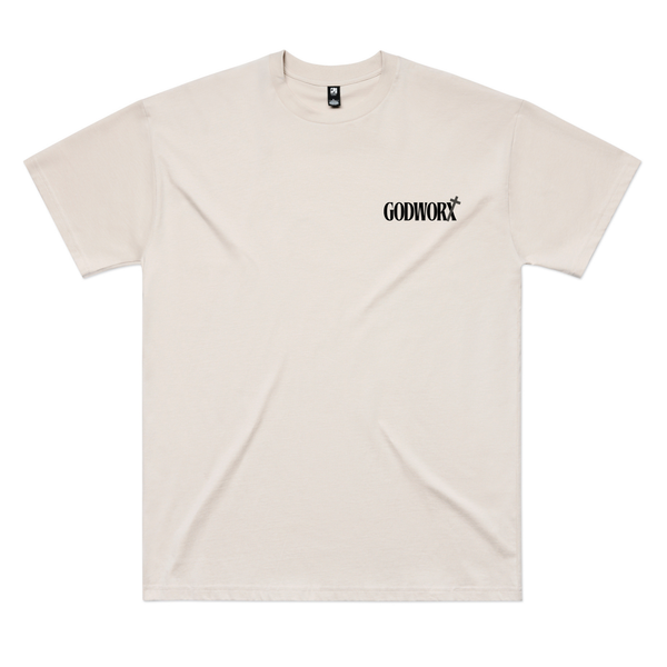 Bone Move Mountains Oversized T-Shirt front view with GODWORX left chest logo