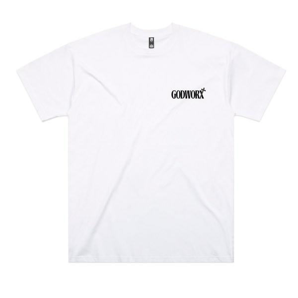 White Move Mountains Oversized T-Shirt front view with GODWORX left chest logo