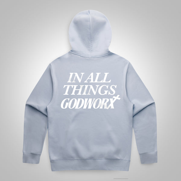 Blue christian Hoodie with 'In all things godworx' text
