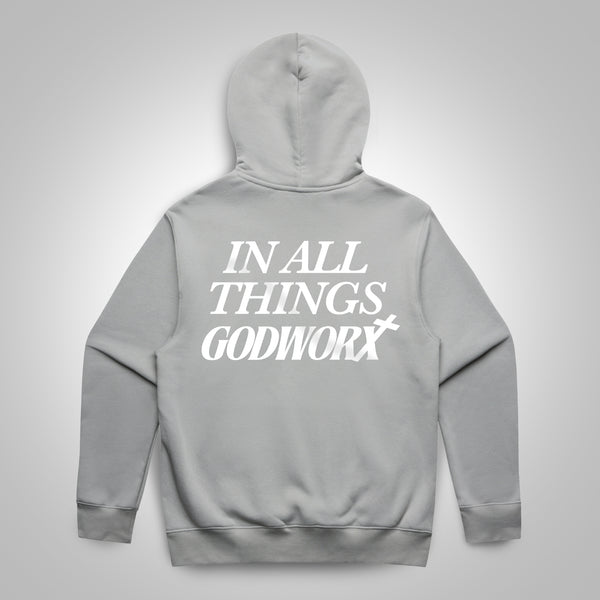 grey christian hoodie with 'in all things godworx' text on the back