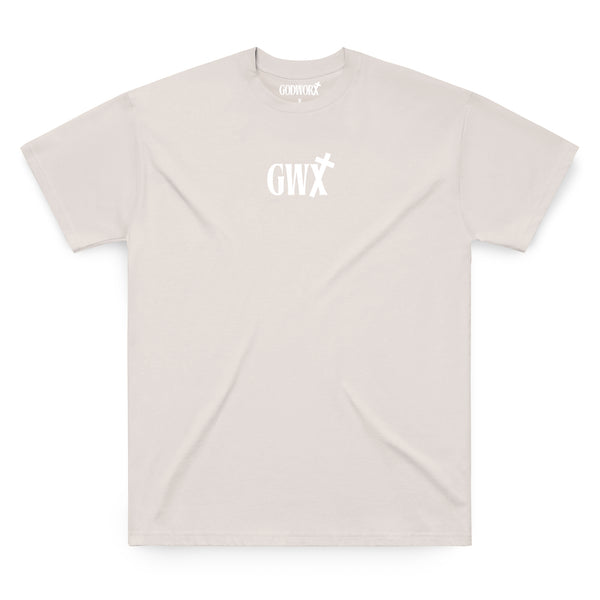Beige christian t-shirt with 'GWX' logo on a white background