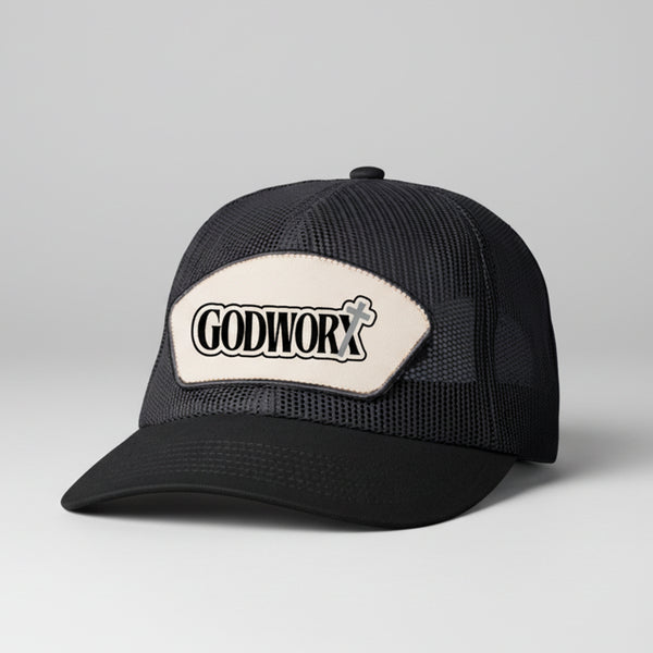 Black mesh cap with a white patch featuring 'GODWORX' logo on a gray background