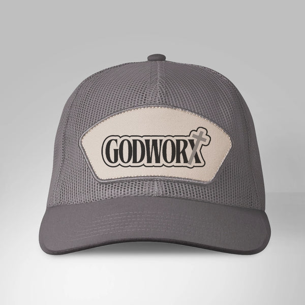 Gray mesh cap with 'GODWORX' logo on a light gray background
