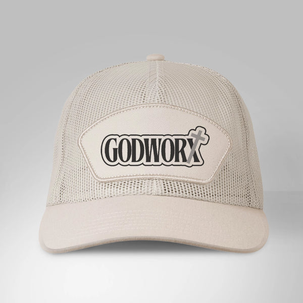 Khaki trucker cap with 'GODWORX' logo on a gray background
