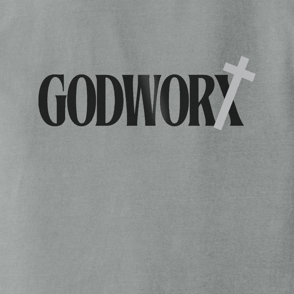 Gray t-shirt with 'GODWORX' text and a cross symbol on a plain background