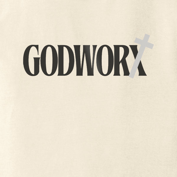 Logo with 'GODWORX' text and a cross on a Ivory background