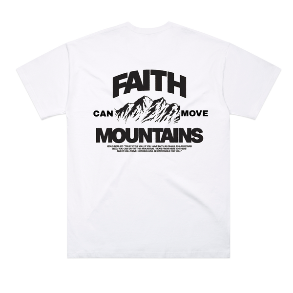 White Move Mountains Oversized T-Shirt back view with Faith Can Move Mountains graphic
