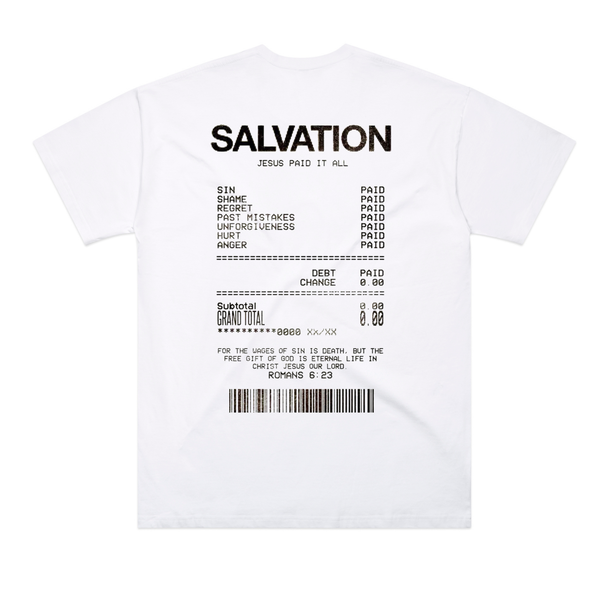 Salvation receipt tee featuring bold SALVATION text and detailed cost breakdown of sins paid in full.