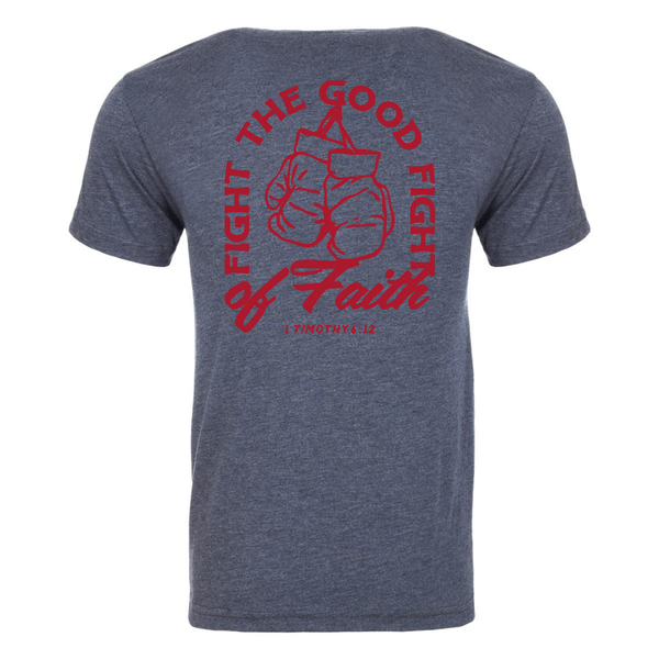 Heather Navy Good Fight Athletic T-Shirt back graphic design