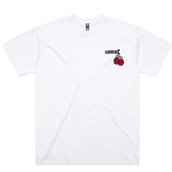White Good Fight Oversized Heavyweight T-Shirt front with GODWORX left chest logo