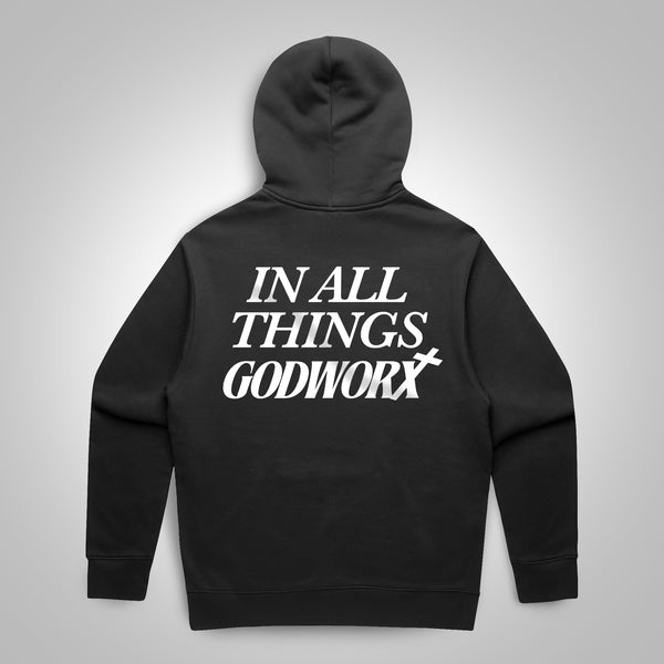 Black hoodie with 'IN ALL THINGS GODWORX' text on the back against a gray background