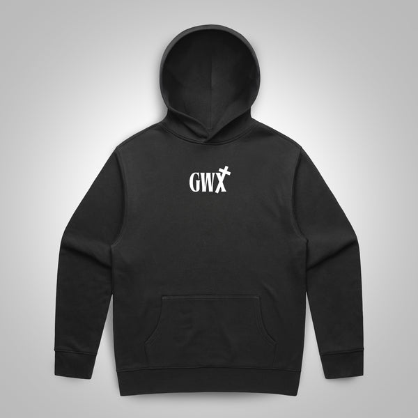 Black hoodie with a godworx logo on a gray background