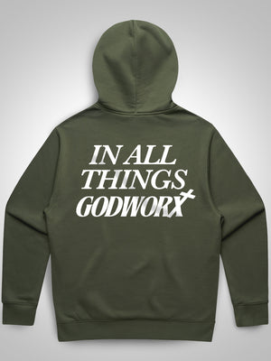 Green hoodie with 'IN ALL THINGS GODWORX' text on the back against a gray background