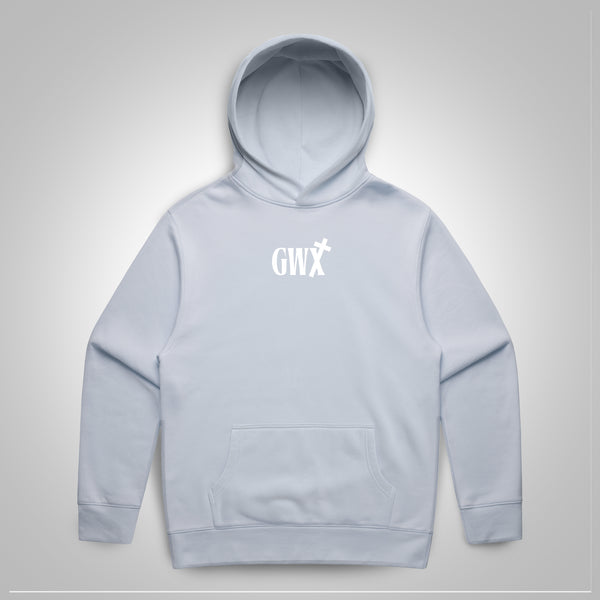 Light blue hoodie with a gwx logo on a light gray background