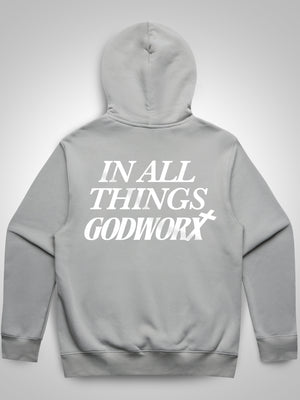 grey christian hoodie with 'in all things godworx' text on the back