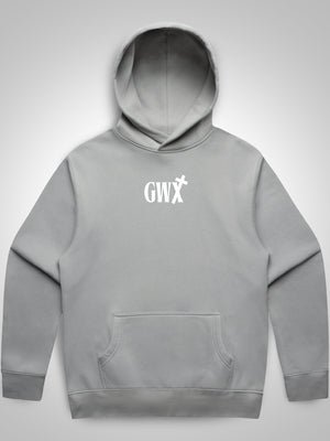 Gray christian hoodie with a godworx logo on the chest on a light grey background