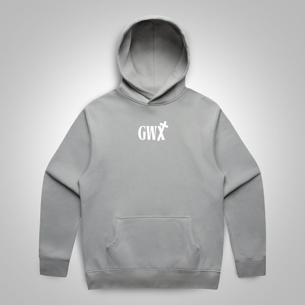 Gray christian hoodie with a godworx logo on the chest on a light grey background