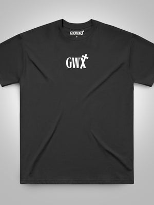 Black christian t-shirt with 'GWX' logo on a white background