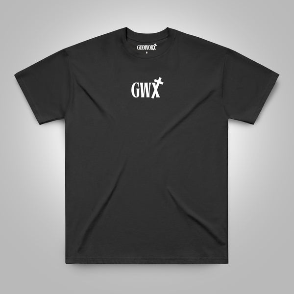 Black christian t-shirt with 'GWX' logo on a white background
