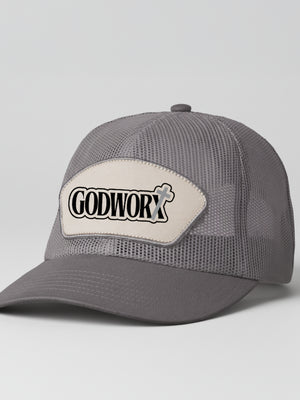 Gray mesh cap with a patch featuring 'GODWORX' on a light gray background