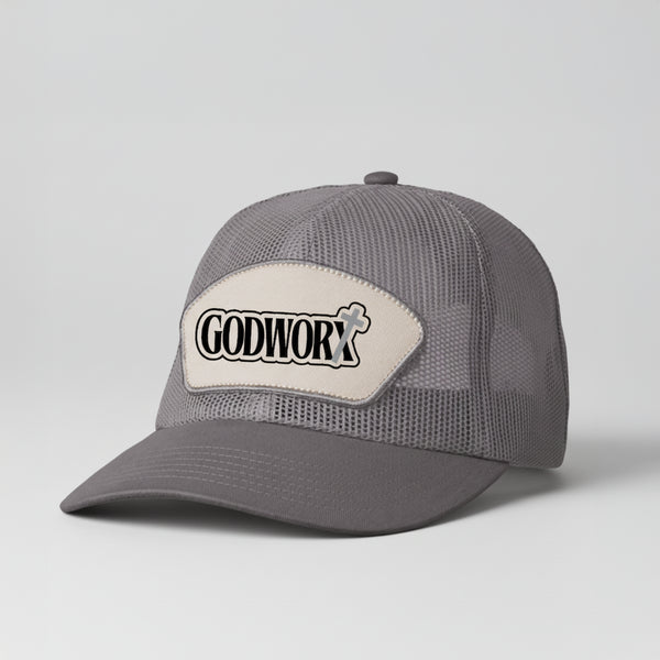 Gray mesh cap with a patch featuring 'GODWORX' on a light gray background