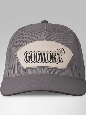 Gray mesh cap with 'GODWORX' logo on a light gray background