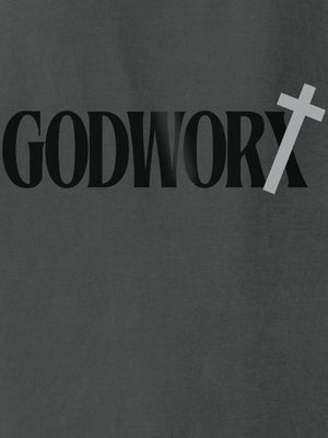 Dark gray t-shirt with 'GODWORX' text and a white cross on a plain background