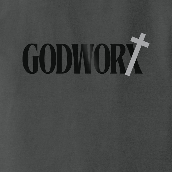Dark gray t-shirt with 'GODWORX' text and a white cross on a plain background
