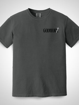 Comfort Colors Dark Gray t-shirt with 'GODWORX' logo on a white background