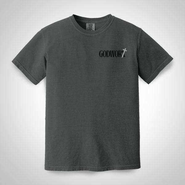 Comfort Colors Dark Gray t-shirt with 'GODWORX' logo on a white background