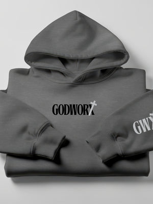 Folded gray hoodie with 'GODWORX' and 'GWX' branding on a light gray background