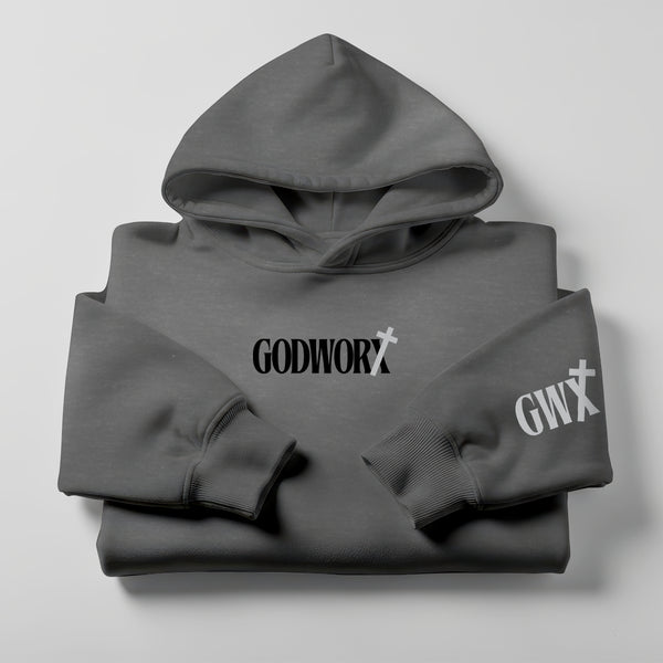 Folded gray hoodie with 'GODWORX' and 'GWX' branding on a light gray background